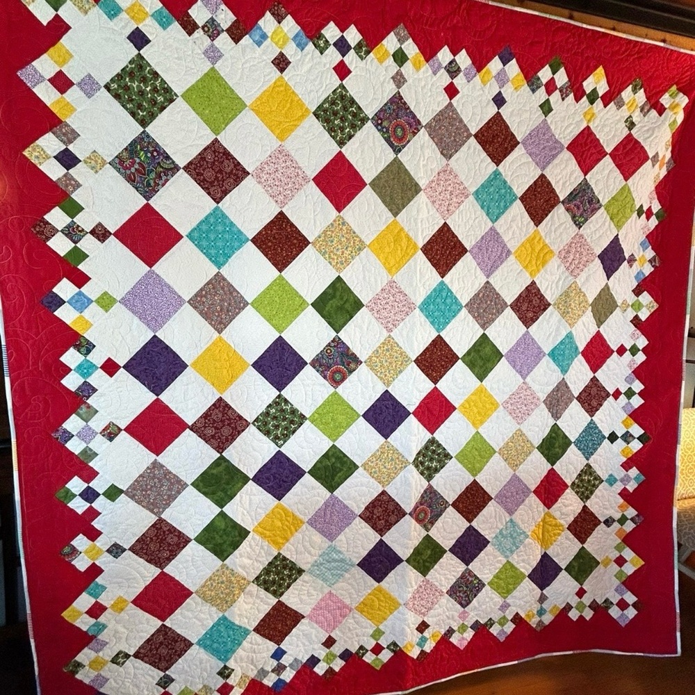 Handmade Multicolor Checkerboard Quilt - Red Border